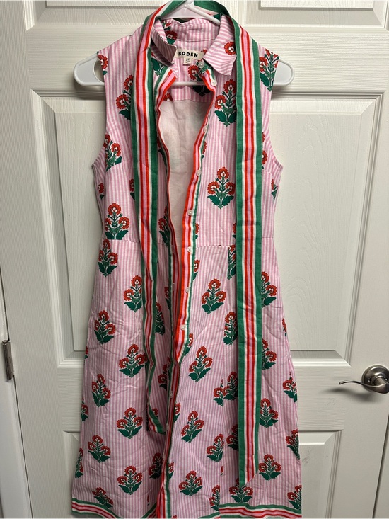 Boden Dresses & Skirts - Boden 💚🩷 Pink Striped Shirt Dress with Red Floral and Green Trim EUC